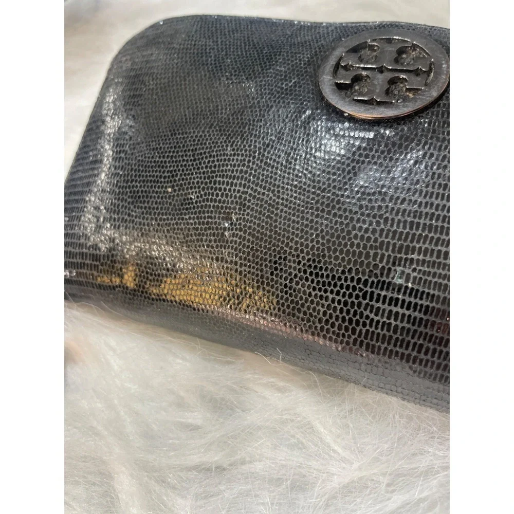 Tory Burch Black Lizard Embossed Leather Zip Wallet With Logo Accent & Metal Zip